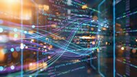 Abstract digital technology background with flowing data streams and programming code overlay creating futuristic cyber network visualization.