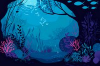 Mysterious underwater scene with vibrant coral reefs and marine plants in deep blue tones, silhouettes of fish swimming above, and rising bubbles creating magical atmosphere.