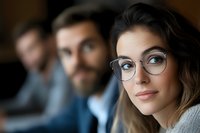 Young Hispanic businesswoman wearing stylish glasses smiles confidently in office setting with coworkers in background, showcasing professional workplace diversity.