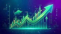 Bullish stock market chart with upward trending arrow, green bull symbol, and rising financial data visualization on digital purple and blue gradient background for investment and trading concepts.