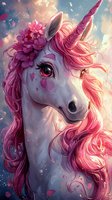 Magical unicorn with pink flowing mane and floral crown against dreamy sunset sky, featuring heart markings and sparkling details. Fantasy art for children's decor.