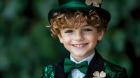 Young boy wearing green leprechaun hat with shamrock, black suit and sparkly green bow tie smiling against blurred green background. St Patrick's Day festive portrait.