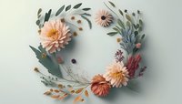 Delicate floral wreath with peach dahlias, eucalyptus leaves and dried flowers on soft mint background. Romantic botanical arrangement for wedding design.