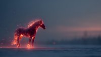 Mystical glowing horse silhouette with fiery red particles against twilight winter landscape, creating magical fantasy atmosphere for digital art projects.