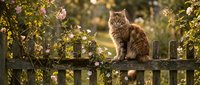Tabby cat sitting on wooden fence surrounded by blooming flowers and green foliage in sunlit garden setting.