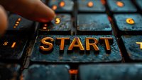 Illuminated start button on dark keyboard with orange backlight glowing through letters, finger pressing key, dramatic macro photography for business concepts.