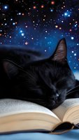 Black cat sleeping peacefully on open book against starry night sky background, creating dreamy atmosphere for literature and pet concepts.