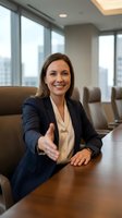 Professional businesswoman extending handshake in modern conference room with city skyline view for corporate meetings and business partnerships.
