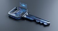 Futuristic digital key with glowing blue circuit patterns and holographic display for cybersecurity and technology concepts.