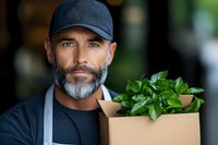 Middle-aged Caucasian man with gray beard wearing baseball cap holding cardboard box with green plants for eco-friendly delivery service concept.
