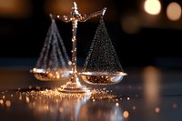 Decorative scales of justice with glittering sparkles and bokeh effect on dark background, symbol of law, judgment and balance in golden light.