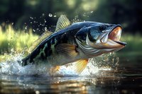 Largemouth bass leaping from water with open mouth, splashing droplets catching sunlight against blurred natural background. Dynamic fishing and wildlife scene.