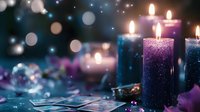 Glowing purple and blue glitter candles creating magical atmosphere with bokeh lights and sparkles, festive holiday decoration for spiritual ceremonies.
