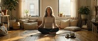 Woman in her thirties, mixed ethnicity, meditating in lotus position on wooden floor in modern living room with neutral tones, plants, and natural light for wellness and mindfulness content.