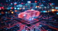 Futuristic holographic car projection on circuit board with glowing red and blue lights representing automotive technology and smart vehicle innovation.