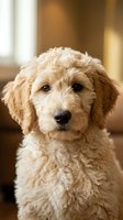 Fluffy golden doodle puppy with curly cream fur sitting indoors, looking at camera with expressive eyes in a warm home setting.