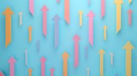 Colorful paper arrows pointing upward on blue background, symbolizing growth, success and positive dynamics. Business concept for presentations.