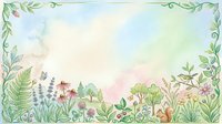 Soft watercolor nature border with wildflowers, ferns, squirrel and bird, pastel sky background, copy space for text or greeting cards.