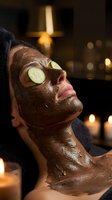 Woman relaxing with chocolate face mask and cucumber slices on eyes during luxury spa treatment with warm candlelight ambiance for skincare wellness.