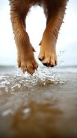Close-up of dog paws splashing in water with droplets flying, creating dynamic motion effect against blurred background. Captured at beach during playtime.