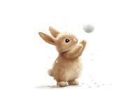 Adorable fluffy baby rabbit sitting upright on white background, soft brown fur, curious expression, isolated for design projects and Easter themes.