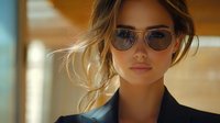 Young Caucasian woman wearing aviator sunglasses and black blazer with windswept blonde hair in warm golden lighting, professional portrait with soft focus background.