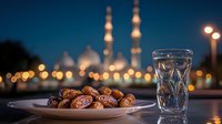 Fresh dates and water glass on plate against blurred mosque minarets and city lights at dusk during Ramadan celebration. Middle Eastern traditional iftar meal.