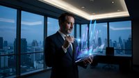 Businessman in dark suit holding laptop with glowing financial charts overlay, standing in modern high-rise office with panoramic city skyline view at dusk. For business, finance, technology, corporate concepts.