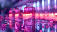 Glass bottle with pink liquid against blurred neon lights background, surrounded by decorative string lights creating magical evening atmosphere.