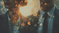 Mysterious businessmen silhouettes with glowing light effect and bokeh overlay, creating ethereal atmosphere for corporate concept designs.
