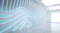 Modern architectural interior with flowing wavy white walls and glowing turquoise neon lines, minimalist design space for contemporary backgrounds.