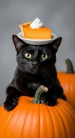 Black cat with yellow eyes balancing pumpkin pie slice topped with whipped cream on head, surrounded by orange pumpkins against neutral background. Autumn and Halloween concept.