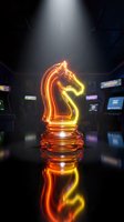 Glowing golden chess knight piece with neon light effects on reflective surface in dark futuristic environment for strategic business concepts.