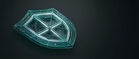 Glowing neon shield wireframe with geometric triangular segments and circular element on dark background, suitable for technology and security concepts.