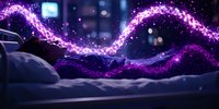 Magical purple energy waves flow over rumpled bedding at night, creating ethereal light trails with glowing particles against dark bedroom setting with window bokeh.
