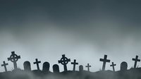 Silhouette of cemetery graveyard with crosses and tombstones against dramatic cloudy sky, suitable for Halloween, funeral, memorial, and gothic design projects.