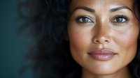 Young Asian woman with natural makeup and glowing skin smiling confidently against dark background, showcasing beauty and wellness in professional portrait.