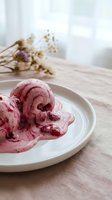 Pink berry whipped cream or mousse served on white plate with dried flowers in soft natural light, suitable for food styling and culinary content.