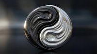 Abstract yin yang symbol with flowing metallic swirls in silver and black creating balance and harmony concept for meditation and wellness designs.
