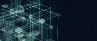 Abstract digital wireframe structure with interconnected geometric cubes and grid lines in cyan and teal tones on dark background, representing data networks, technology infrastructure, and digital connectivity for tech and innovation concepts.