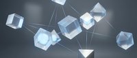 Interconnected translucent geometric shapes and crystalline cubes floating in digital space, representing data networks, blockchain technology, and modern connectivity for tech and business applications.