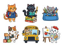 Cartoon cats in school uniforms and educational settings, isolated on white background. Kittens with backpacks, reading books, riding school bus, painting and learning. Clipart collection for educational materials, children's designs and classroom decorations.