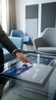 Businesswoman in dark blazer interacting with digital touchscreen interface displaying data analytics and financial charts in modern office lounge with contemporary furniture.