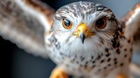 Close up portrait of majestic ferruginous hawk with piercing orange eyes and sharp beak against blurred background, wings spread showing detailed feather pattern.