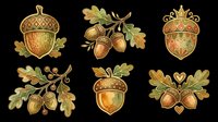 Decorative acorn clipart set with oak leaves in warm autumn tones, isolated on transparent background. Great for stickers, t-shirt design, sublimation, and print on demand.