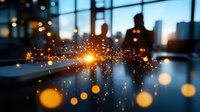 Glowing sparkles and light orbs against blurred urban skyline silhouette at dusk, creating magical atmosphere with bokeh effect and lens flare.