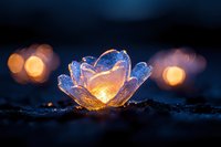 Glowing crystal lotus flower illuminated from within against dark background with golden bokeh lights creating magical atmosphere for spiritual designs.