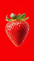 Fresh ripe strawberry with green leaves isolated on vibrant red background. Macro shot showing detailed texture and seeds. Suitable for food packaging and advertising.