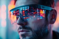 Futuristic smart glasses displaying digital data interface on male face with colorful neon city lights background for technology and innovation concepts.