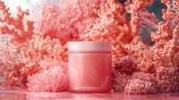 Luxurious coral-colored cosmetic jar surrounded by delicate sea fan coral formations against dark background, creating elegant skincare product presentation.